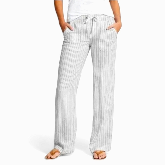 Athleta Pants - NEW ATHLETA Women's 100% Linen Herringbone Gray & White Striped Pull-On Pants
